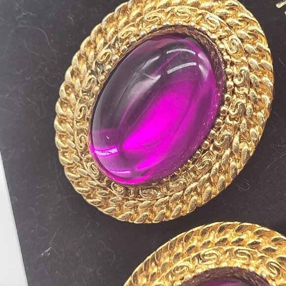VTG Gold Tone Purple Jewel Tone Cabochon Earrings Oval Statement Heavy Korea - Picture 2 of 8